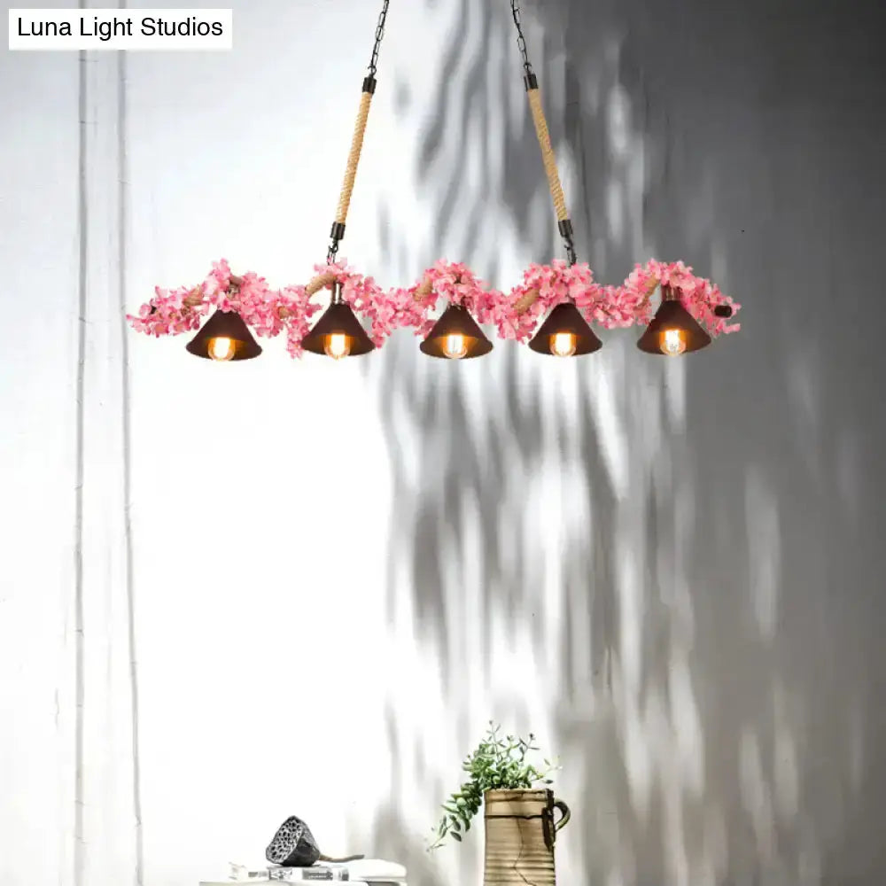 5-light island pendant light with rustic brown cone shades and pink cherry blossoms on Tampa Home & Garden Store