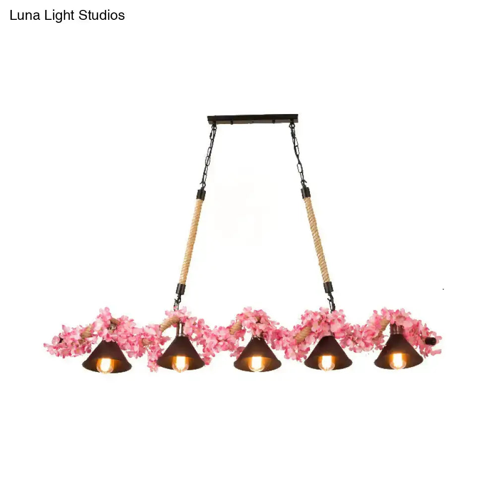 Rustic brown island pendant light with pink cherry blossoms and rope hung four cone shades on Tampa Home & Garden Store