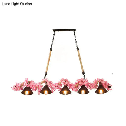 Rustic brown island pendant light with pink cherry blossoms and rope hung four cone shades on Tampa Home & Garden Store