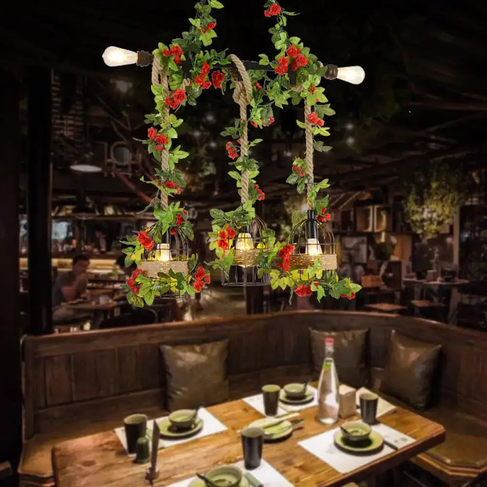 Metal Island Light Fixture pendant lights, three rope fixtures with red flowers Decorbites on Tampa Home & Garden Store