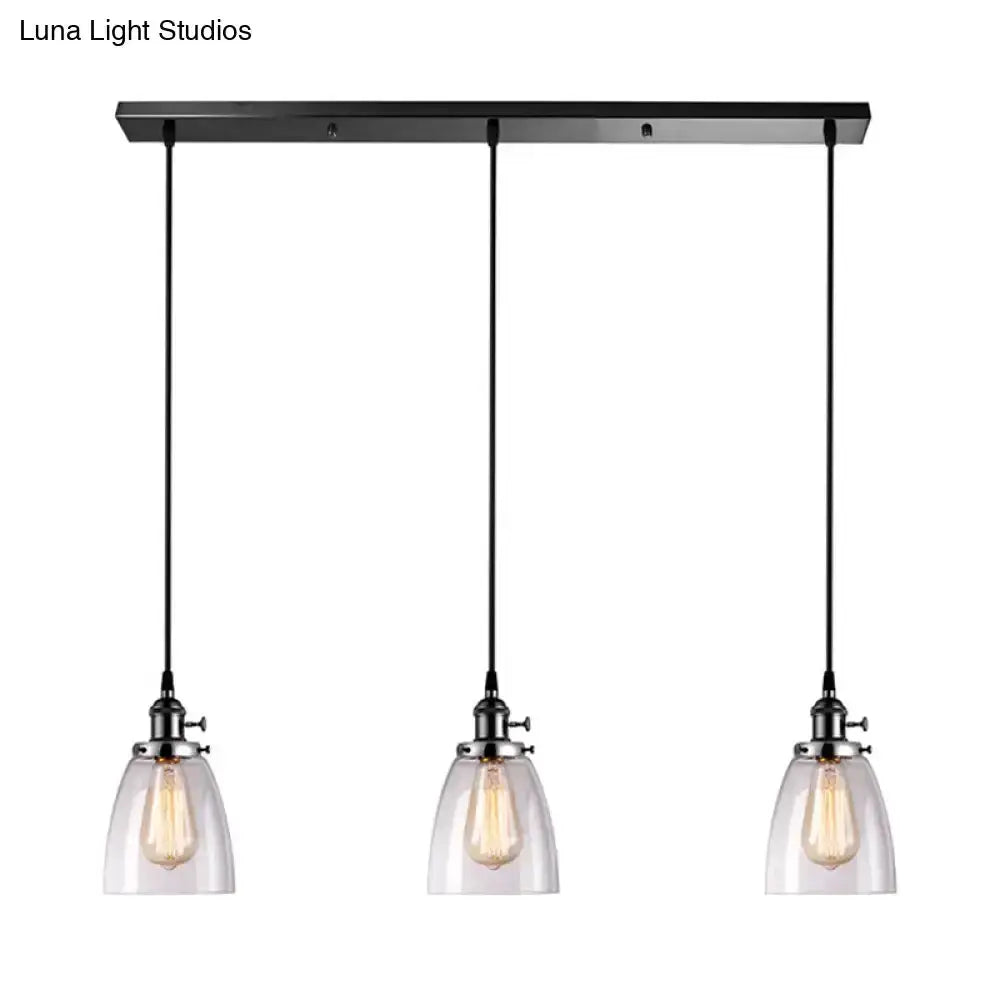 Farmhouse black 3-light pendant light with clear glass shades on linear canopy Decorbites on Tampa Home & Garden Store