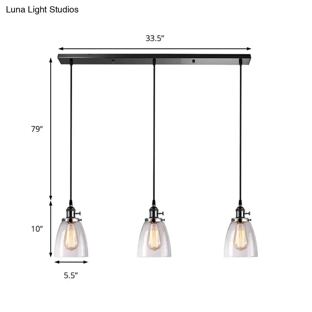 Farmhouse black 3-light pendant light with clear glass shades and linear canopy by Decorbites on Tampa Home & Garden Store