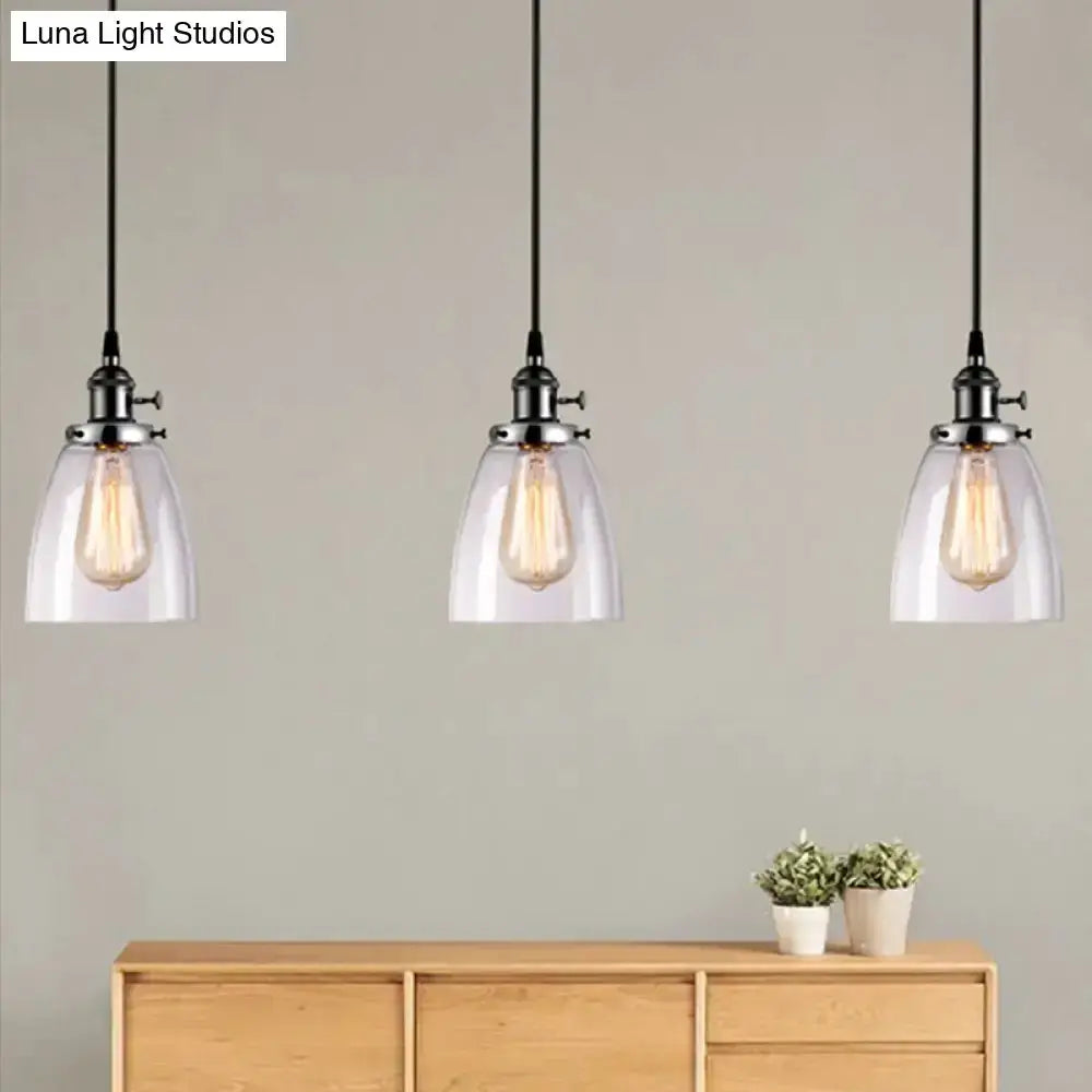Farmhouse black 3-light pendant lights with clear glass shades, black cords, linear canopy on Tampa Home & Garden Store