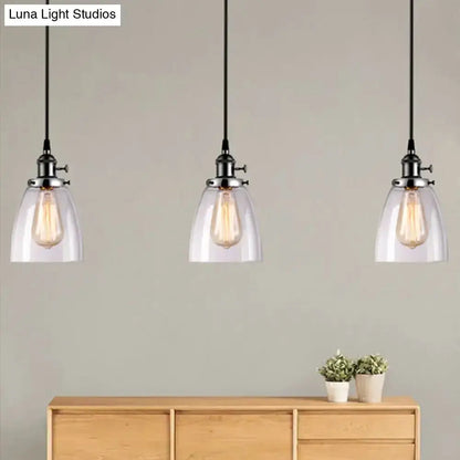 Farmhouse black 3-light pendant lights with clear glass shades, black cords, linear canopy on Tampa Home & Garden Store