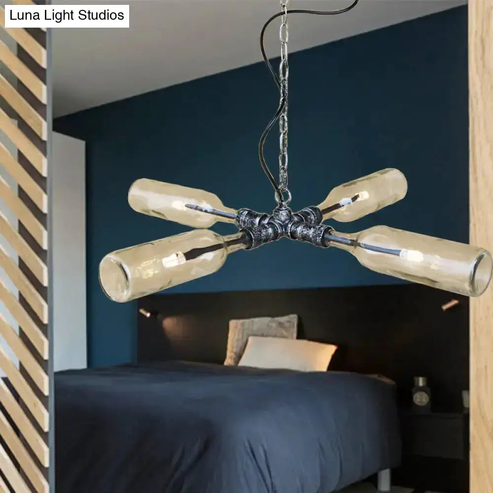 Farmhouse smoke gray blue bottle chandelier with aged silver finish and four bottle lights on Tampa Home & Garden Store
