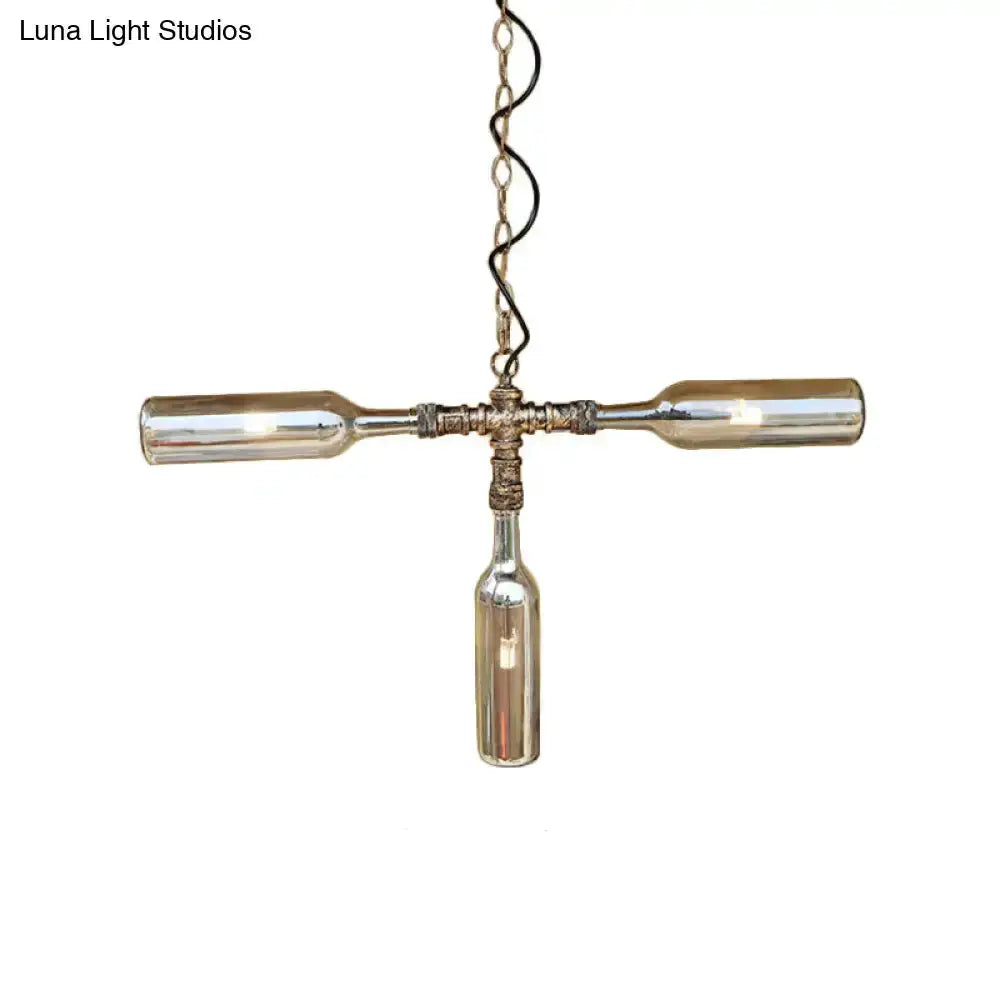 Farmhouse smoke gray blue bottle chandelier with bar of three bottles in aged silver hardware on Tampa Home & Garden Store