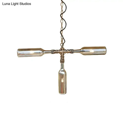 Farmhouse smoke gray blue bottle chandelier with bar of three bottles in aged silver hardware on Tampa Home & Garden Store