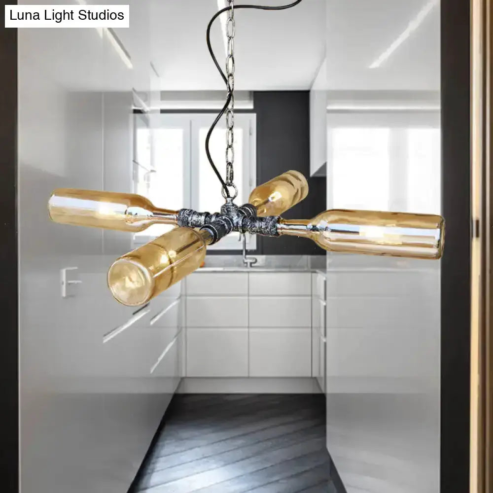 Farmhouse four-bottle chandelier with smoke gray-blue glass and aged silver hardware for dining on Tampa Home & Garden Store