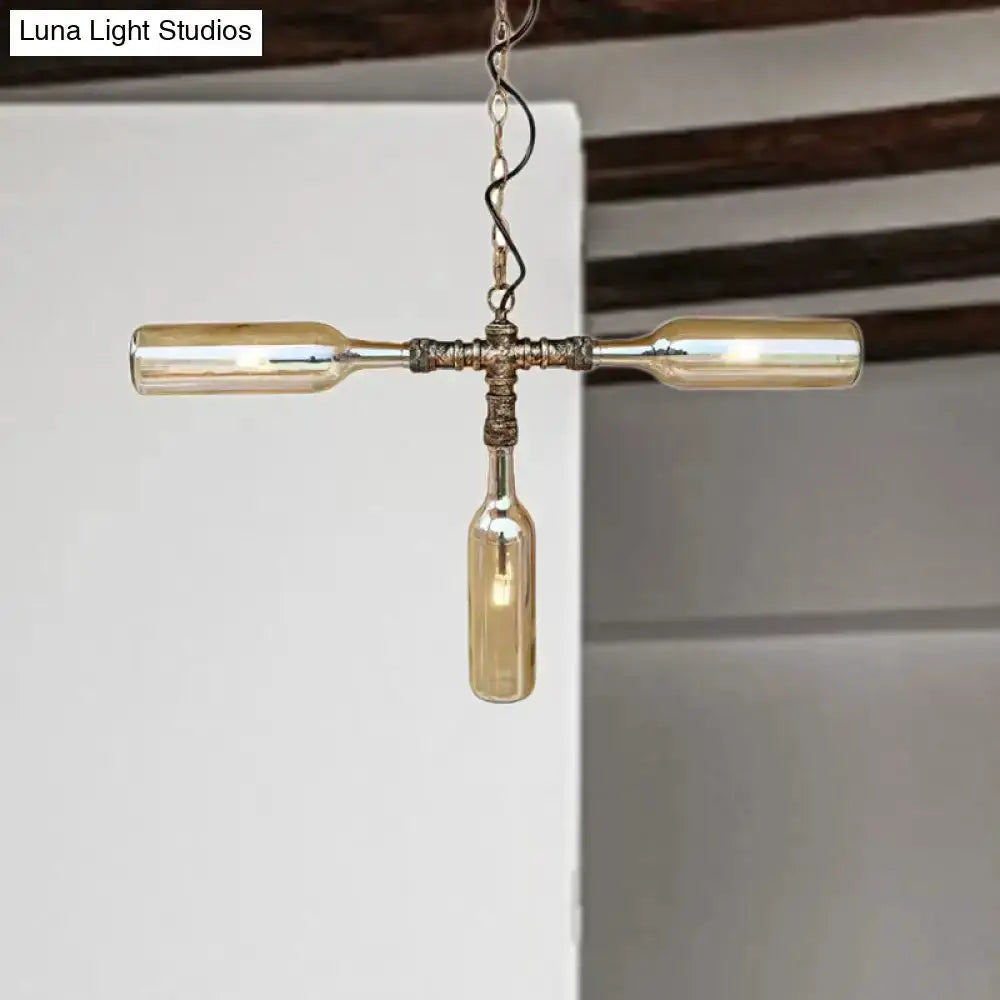 Farmhouse smoke gray blue bottle chandelier with three glass bottles on silver hardware on Tampa Home & Garden Store