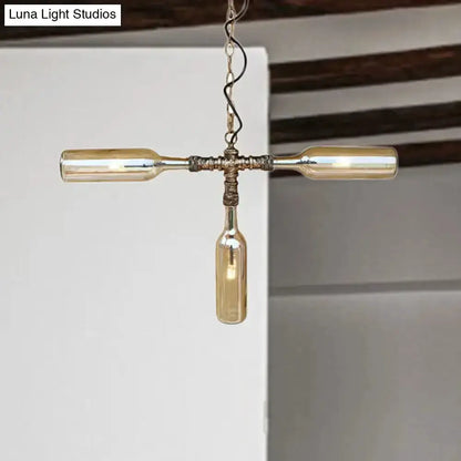 Farmhouse smoke gray blue bottle chandelier with aged silver finish and three amber bottles on Tampa Home & Garden Store