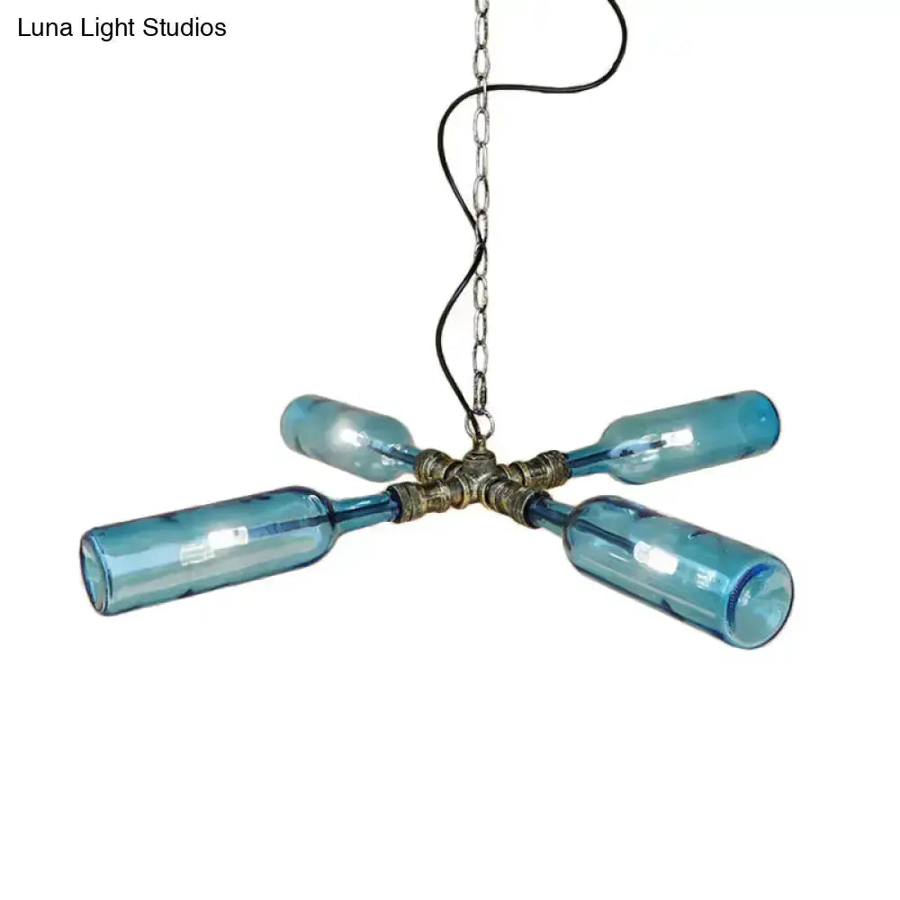 Farmhouse bottle chandelier with 4 smoke gray-blue glass bottles and aged silver hardware on Tampa Home & Garden Store