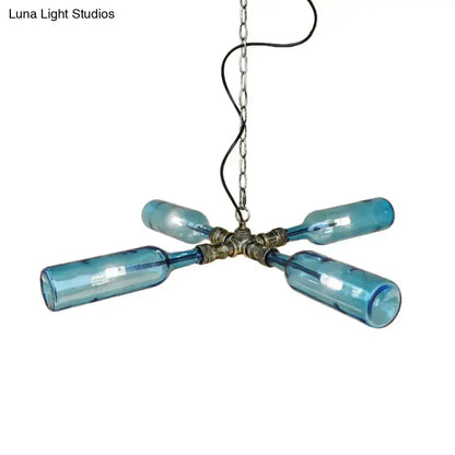 Farmhouse bottle chandelier with 4 smoke gray-blue glass bottles and aged silver hardware on Tampa Home & Garden Store