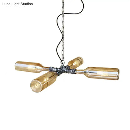 Farmhouse bottle chandelier with 4 smoke gray blue bottles and aged silver hub Decorbites on Tampa Home & Garden Store