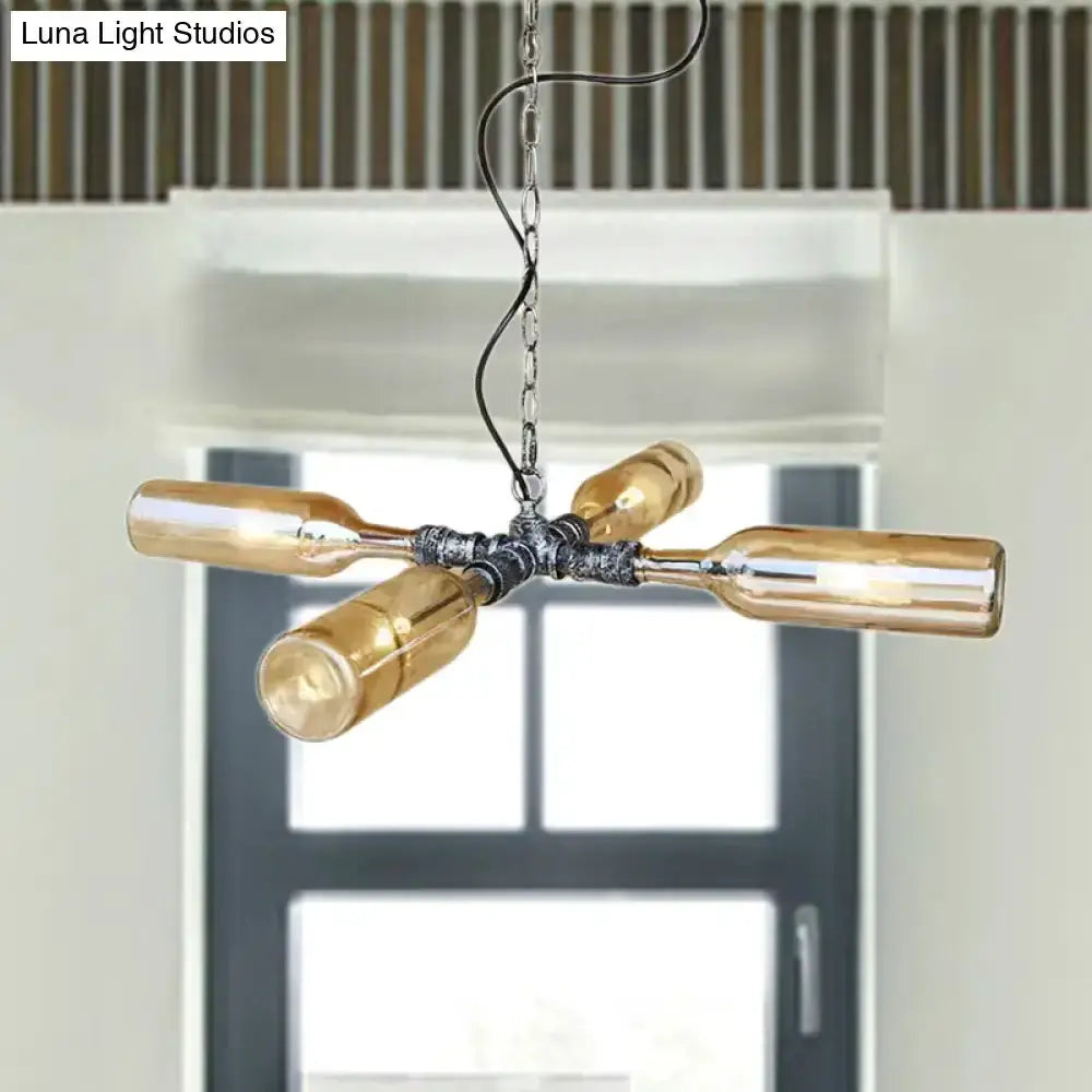 Farmhouse bottle chandelier by Decorbites with smoky blue glass bottles and aged silver on Tampa Home & Garden Store