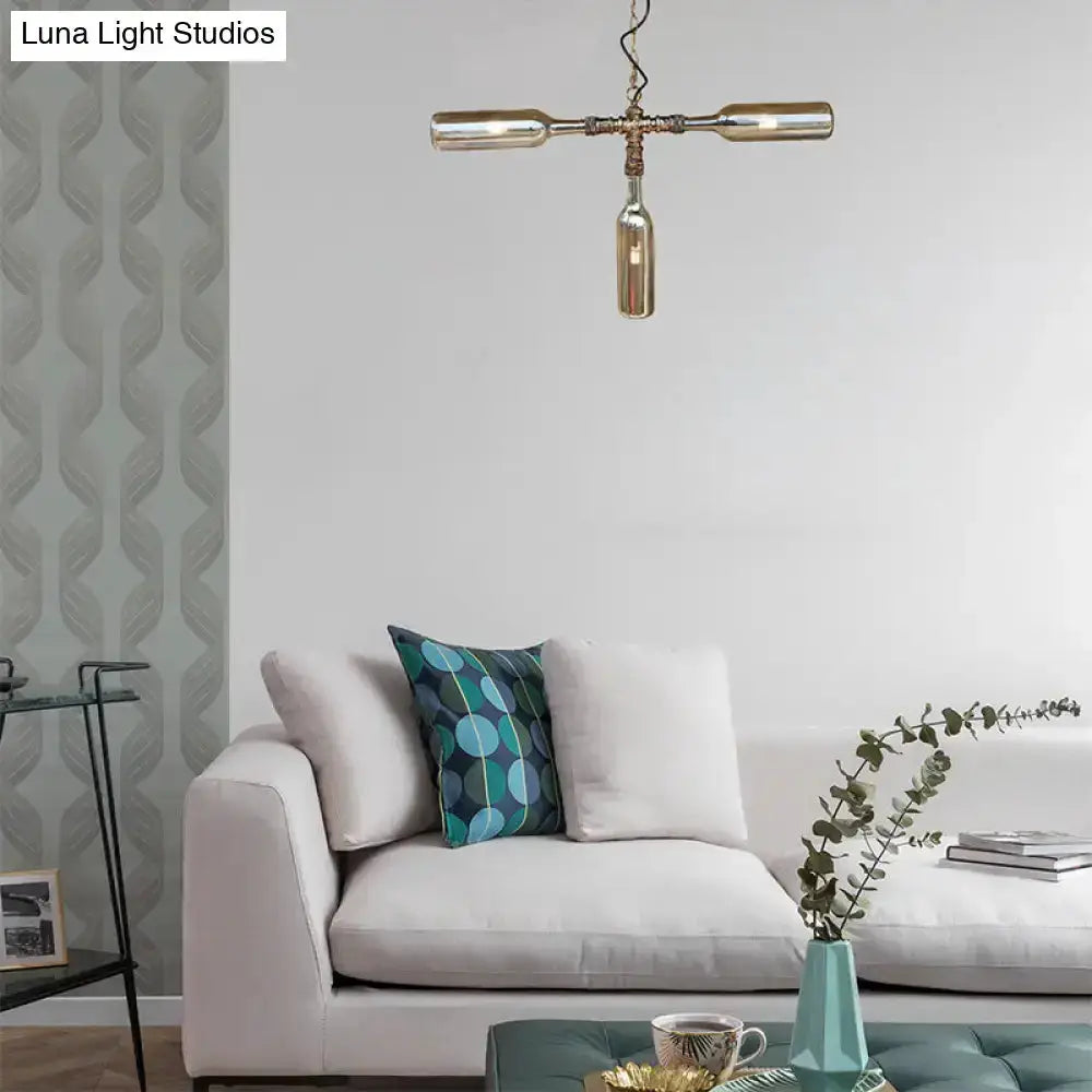 Farmhouse smoke gray blue bottle chandelier aged silver finish hanging in a living room on Tampa Home & Garden Store