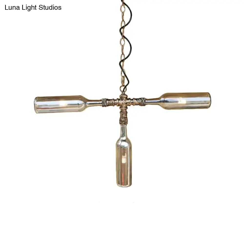 Farmhouse bottle chandelier with smoke gray-blue glass bottles in aged silver finish, chain on Tampa Home & Garden Store