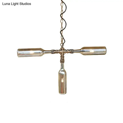 Farmhouse bottle chandelier with smoke gray-blue glass bottles in aged silver finish, chain on Tampa Home & Garden Store