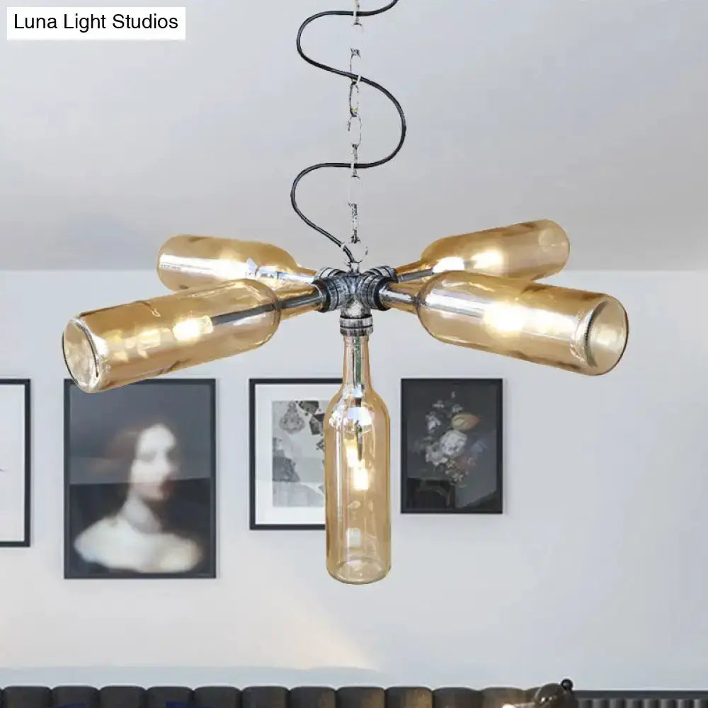 Farmhouse smoke gray-blue bottle chandelier with aged silver hardware, five bottles on Tampa Home & Garden Store