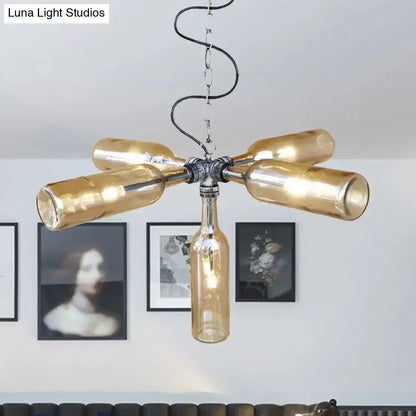 Farmhouse smoke gray-blue bottle chandelier with aged silver hardware, five bottles on Tampa Home & Garden Store