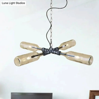 Farmhouse chandelier gray bottle with four bottle shades and aged silver metal Decorbites on Tampa Home & Garden Store