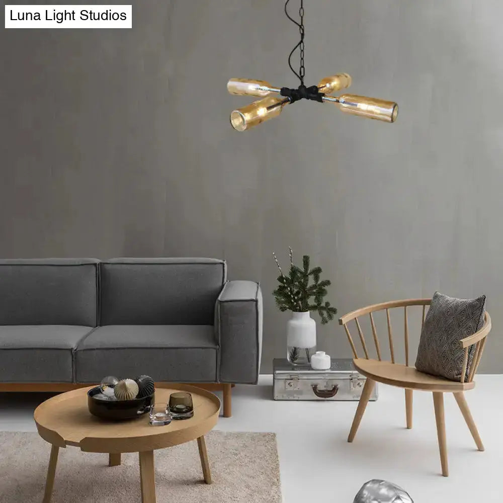 Farmhouse smoke gray blue bottle chandelier with four glass bottle shades and aged silver finish on Tampa Home & Garden Store