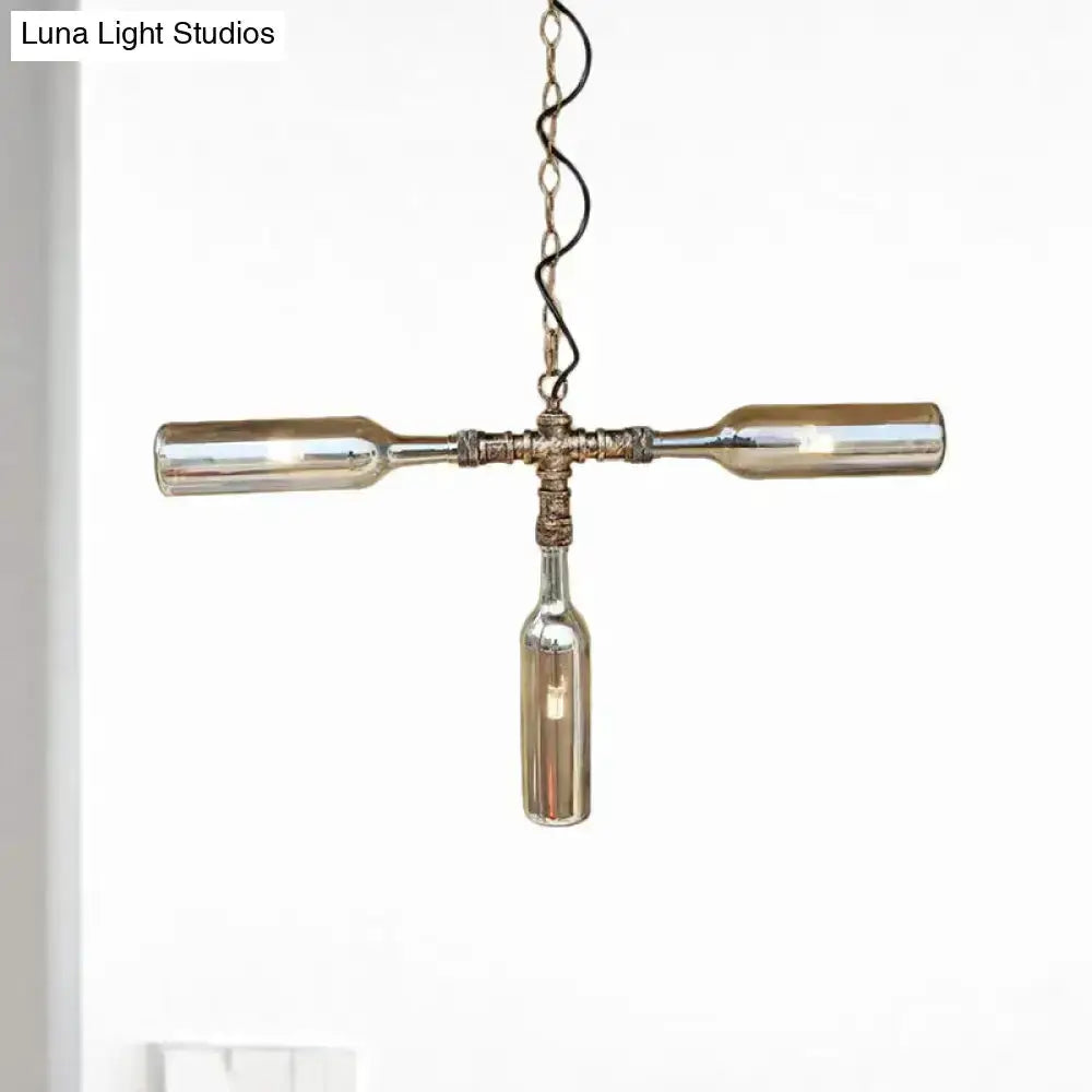 Decorbites three-bottle chandelier in smoke gray blue with crossbar hanging bottle aged silver on Tampa Home & Garden Store