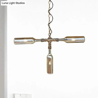 Decorbites three-bottle chandelier in smoke gray blue with crossbar hanging bottle aged silver on Tampa Home & Garden Store