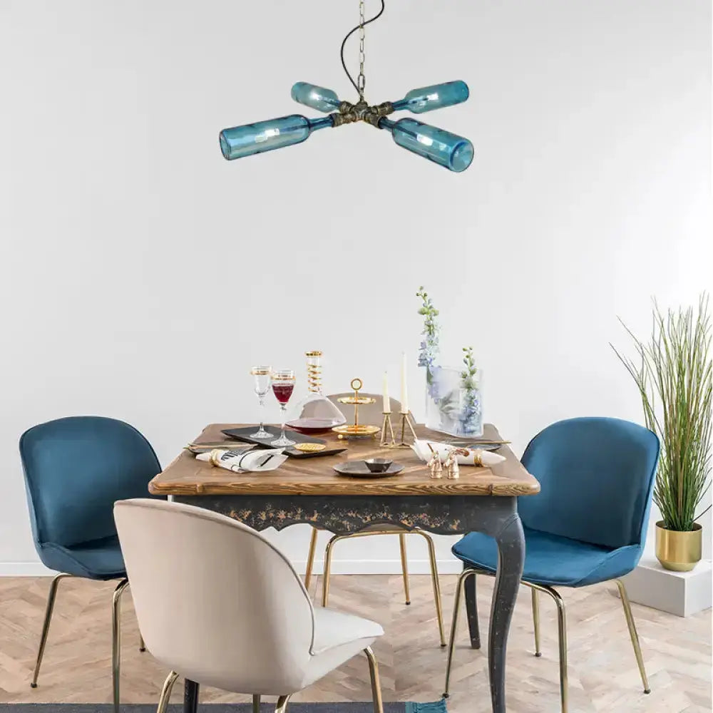 Farmhouse bottle chandelier by Decorbites with smoky gray blue glass aged silver finish on Tampa Home & Garden Store