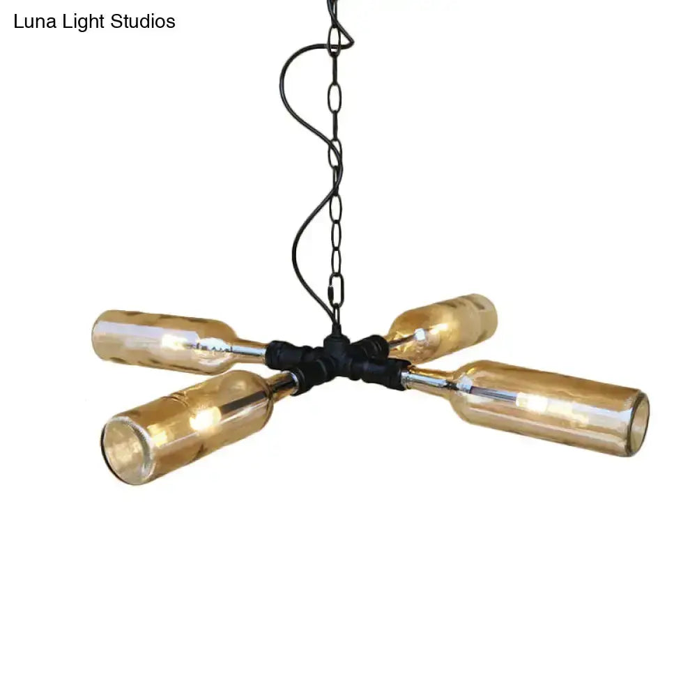 Farmhouse bottle chandelier by Decorbites with smoked gray-blue bottles, four-light, silver on Tampa Home & Garden Store
