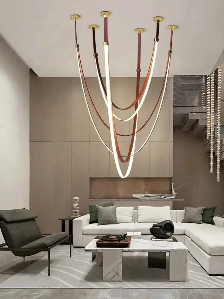 Chandelier Decorbites leather belt LED with brown white red bands and gold canopies on Tampa Home & Garden Store