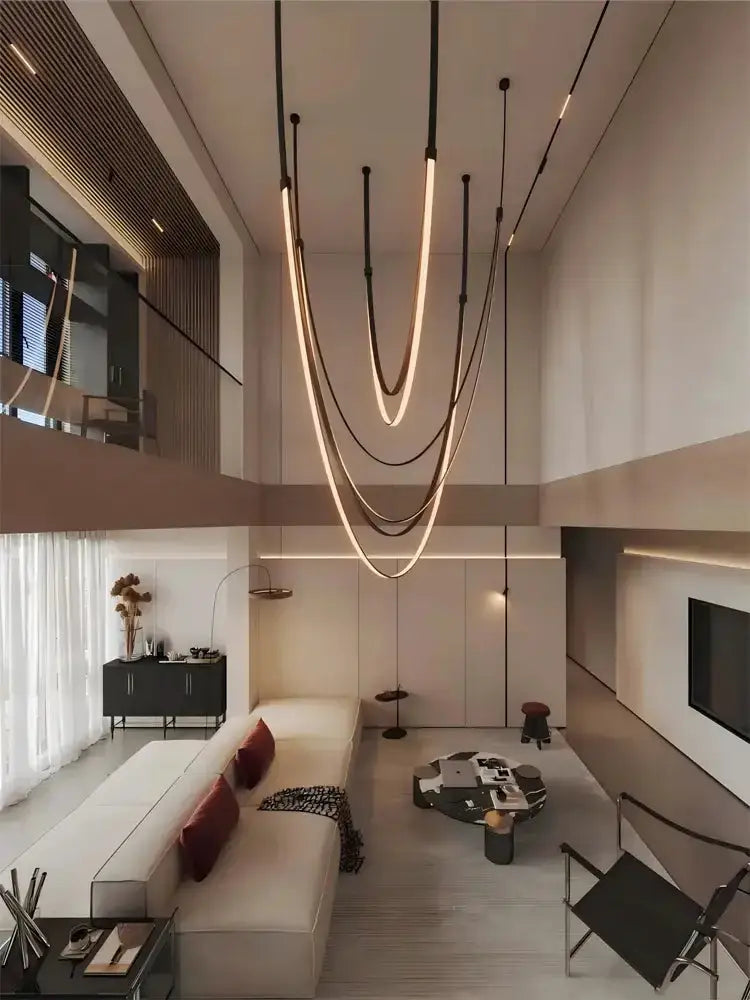 Modern leather belt LED chandelier with curved LED strips Decorbites on Tampa Home & Garden Store