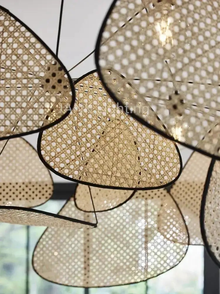 Chandelier pendant light cluster with natural tan rattan shades and black trim Decorbites on Tampa Home & Garden Store