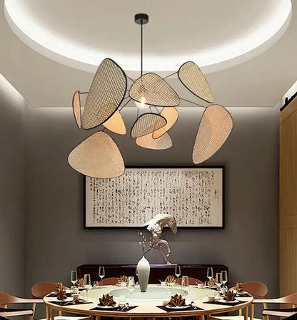Chandelier natural tan rattan discs, French design sculptural pendant light on Tampa Home & Garden Store