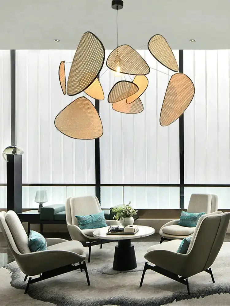 Chandelier Decorbites French design tan rattan dining room pendant light with woven panels on Tampa Home & Garden Store
