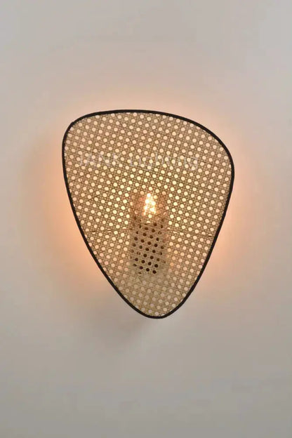 Decorbites rattan chandelier pendant light, natural tan woven shade with warm glow on Tampa Home & Garden Store