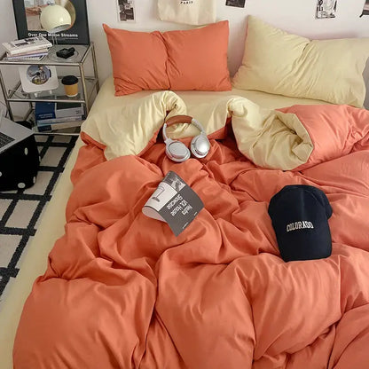 Cream Plush Quilt Set by Decorbites in coral-orange quilted duvet cover on bed with headphones on Tampa Home & Garden Store