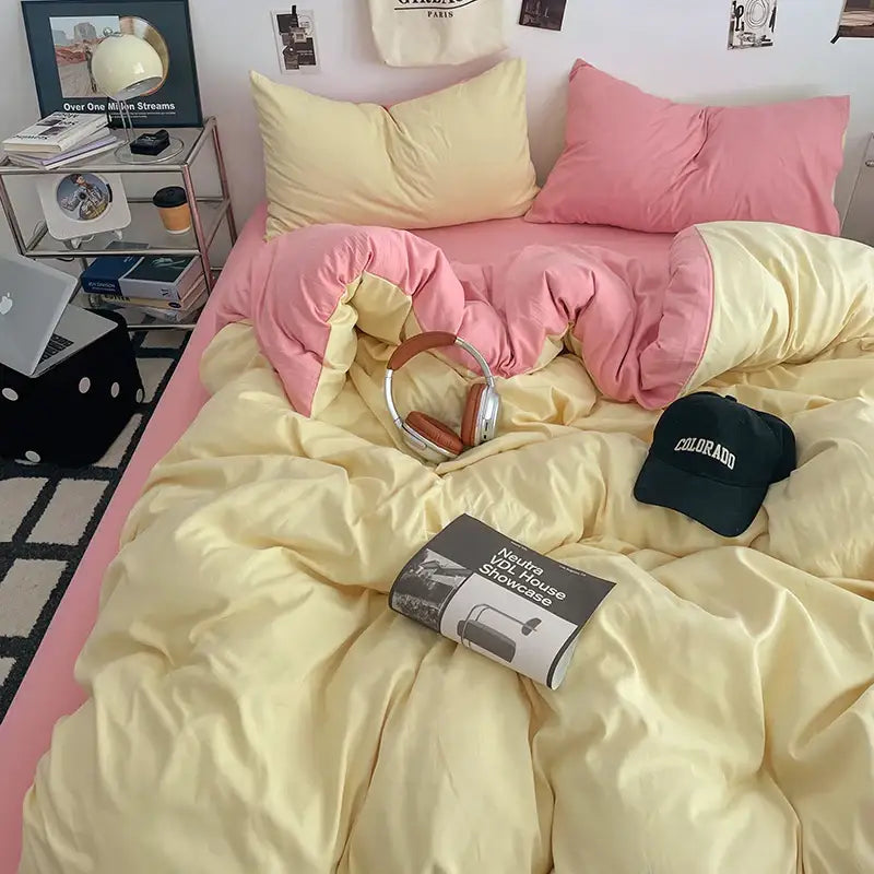 Cream Plush Quilt Set by Decorbites in yellow with pink accents, duvet cover bedding on Tampa Home & Garden Store