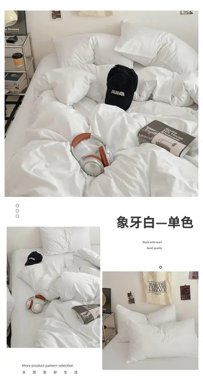 Cream Plush Quilt Set duvet on white bed with two accessories: headphones and Colorado cap on Tampa Home & Garden Store