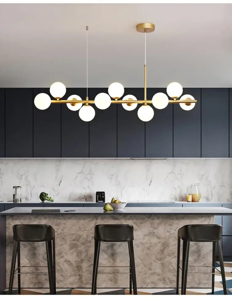 Black Glass Ceiling Chandelier with brass bar and white globe lights for kitchen on Tampa Home & Garden Store