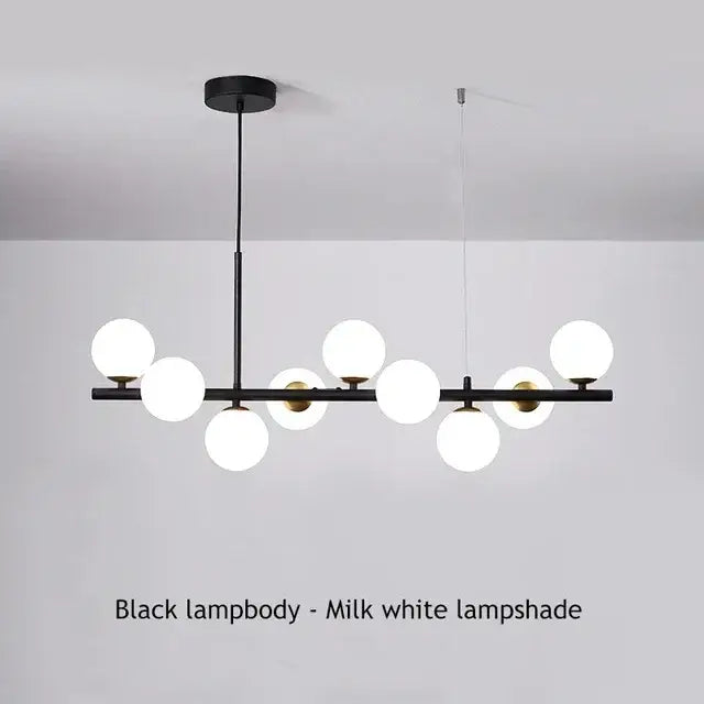 Black Amber Glass Chandelier by Decorbites; black metal frame with milk-white glass globes on Tampa Home & Garden Store