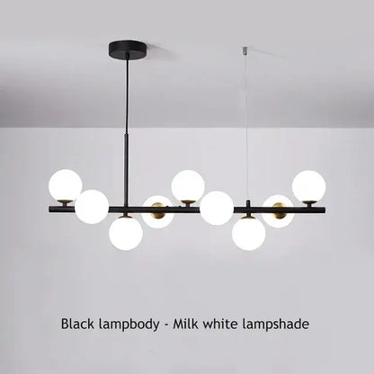 Black Amber Glass Chandelier by Decorbites; black metal frame with milk-white glass globes on Tampa Home & Garden Store