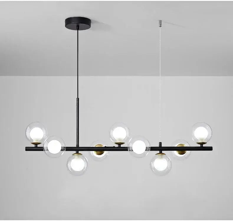 Black Amber Glass Chandelier by Decorbites; black metal bar with clear glass globe bulbs on Tampa Home & Garden Store