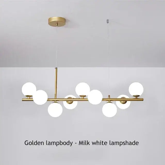 Black Amber Glass Chandelier by Decorbites, golden brass frame with milk-white glass globes on Tampa Home & Garden Store