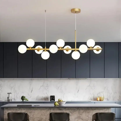 Decorbites gold glass ball chandelier with brass bar and white glass globes on Tampa Home & Garden Store