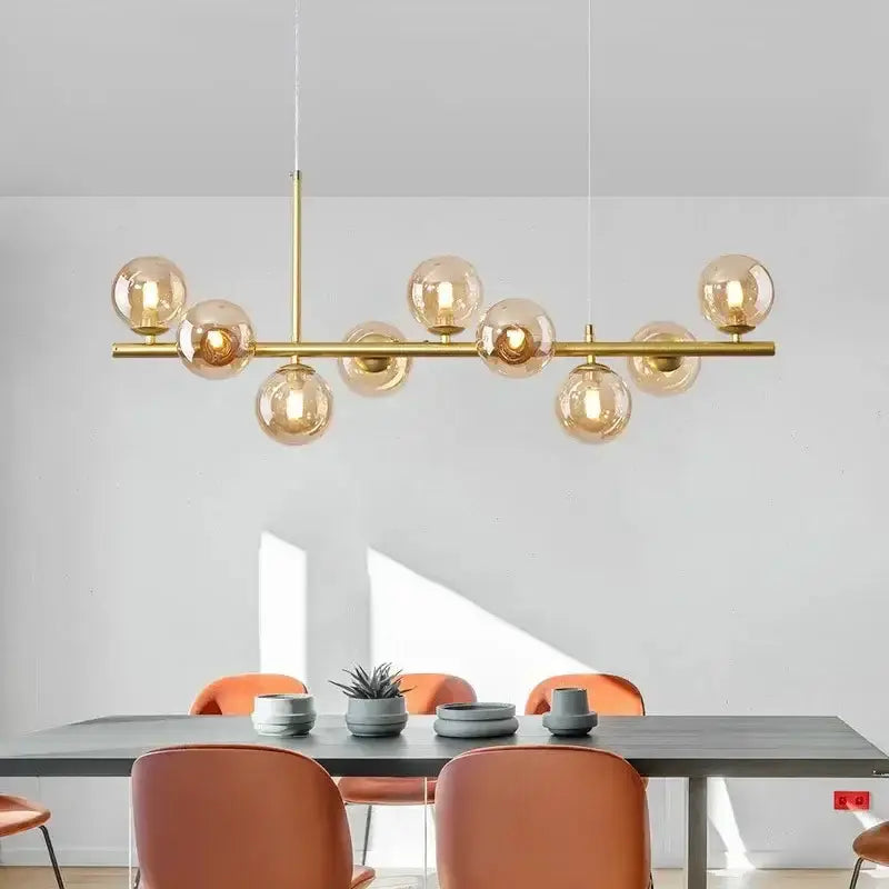 Modern gold glass ball chandelier with amber globes, dining room pendant light on Tampa Home & Garden Store