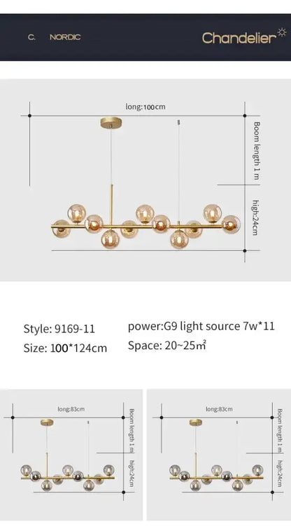 Chandelier Decorbites modern gold glass ball cognac pendant light with 11 G9 bulbs 100 cm long on Tampa Home & Garden Store