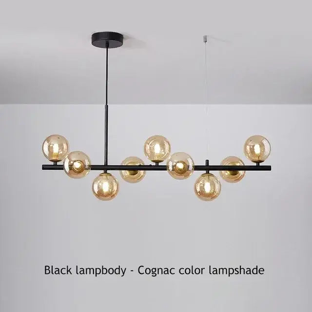 Brass Glass Ceiling Chandelier by Decorbites with black lamp body and cognac glass globe bulbs on Tampa Home & Garden Store