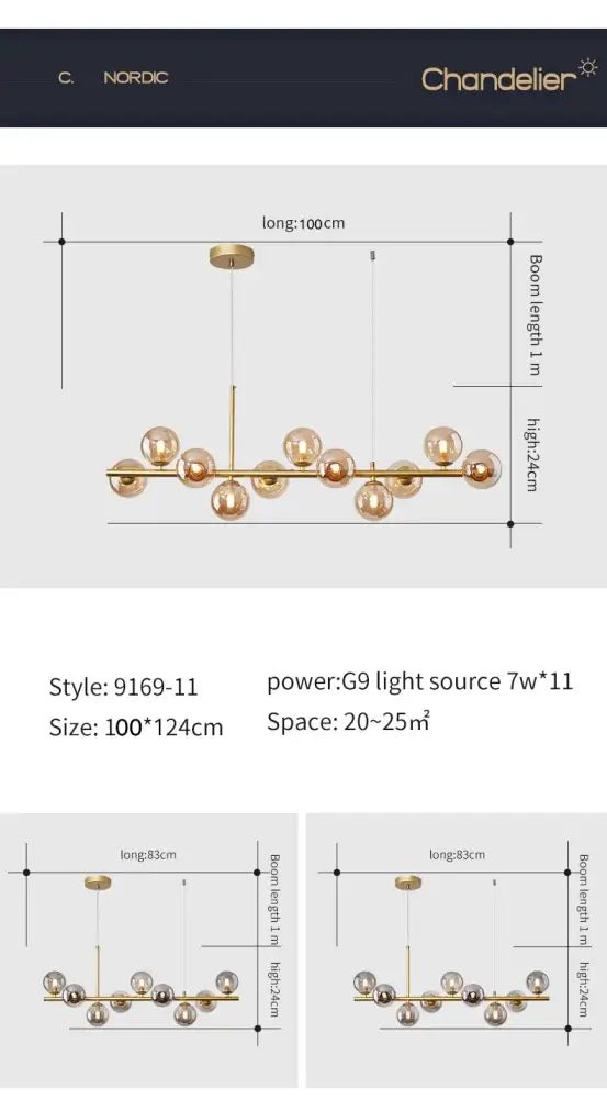 Brass glass ceiling chandelier by Decorbites, linear brass bar with glass globe bulbs on Tampa Home & Garden Store