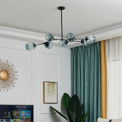 Nordic clear glass ball LED chandelier with black metal frame and teal glass globes, Decorbites on Tampa Home & Garden Store