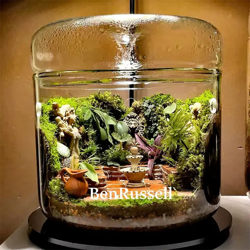 Glass moss terrarium vase with lush greenery, moss and a small fountain inside on Tampa Home & Garden Store